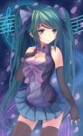  1girl absurdres breasts cleavage elbow_gloves fingerless_gloves gloves green_eyes green_hair hair_ribbon hand_on_own_chest hatsune_miku highres long_hair ribbon skirt solo thighhighs twintails very_long_hair vocaloid youxuemingdie 
