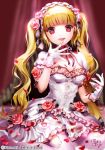  1girl blonde_hair blood character_request copyright_name dress esphy flower gloves headdress long_hair looking_at_viewer mystic_blood petals puffy_sleeves red_eyes rose short_sleeves smile solo twintails white_dress white_gloves white_legwear 