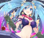  1girl alternate_costume arm_warmers asamiyajy blue_eyes blue_hair blue_nails blush breasts cleavage crop_top earrings fingerless_gloves gloves jewelry league_of_legends long_hair looking_at_viewer navel open_mouth smile solo sona_buvelle sparkle star twintails 