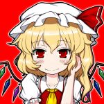  1girl ascot blonde_hair blush bust collarbone eruru_(erl) flandre_scarlet hand_in_hair hat hat_ribbon highres looking_at_viewer mob_cap outline puffy_short_sleeves puffy_sleeves red_background red_eyes ribbon short_hair short_sleeves side_ponytail simple_background smile solo touhou wings 