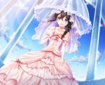  1girl ahoge black_hair blue_eyes braid bridal_veil crying crying_with_eyes_open dress elbow_gloves gloves hair_ornament hairclip jewelry kantai_collection karo_karo long_hair personification rain rainbow ring shigure_(kantai_collection) single_braid smile solo tears veil wedding_band wedding_dress 
