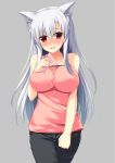  1girl animal_ears bare_shoulders blush breasts clenched_hand collarbone fox_ears grey_background holding kitsune_neko_(koneko) large_breasts long_hair open_mouth original pants red_eyes silver_hair simple_background solo tears 