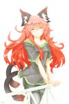  1girl animal_ears bare_shoulders cat_ears cat_tail contemporary denim hair_down highres jeans kaenbyou_rin multiple_tails pointy_ears psychopath_idiot railing red_eyes redhead smile tail touhou 