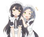  ... 2girls ;d agano_(kantai_collection) alternate_costume apron averted_eyes black_hair blush_stickers enmaided green_eyes grey_hair hair_ornament hairclip hand_on_another&#039;s_shoulder kantai_collection kuroshio_(kantai_collection) long_hair looking_at_viewer maid maid_apron maid_headdress multiple_girls one_eye_closed open_mouth short_hair short_sleeves simple_background smile standing totoki86 v_arms white_background wink 
