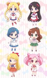  6+girls adapted_costume aino_minako bishoujo_senshi_sailor_moon black_hair blonde_hair blue_eyes blue_hair brown_hair chibi chibi_usa choker double_bun dress elbow_gloves gloves green_eyes highres hino_rei inner_senshi kino_makoto long_hair mizuno_ami multiple_girls pink_hair ponytail red_eyes ringo_yuyu sailor_dress short_hair tsukino_usagi twintails violet_eyes 