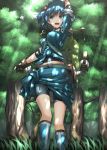  1girl backpack bag belt bike_shorts blue_eyes blue_hair boots breasts dappled_sunlight folded_sleeves forest grass hair_bobbles hair_ornament hat highres hullzion kawashiro_nitori key midriff nature open_mouth shirt shorts_under_skirt skirt skirt_set smile solo touhou twintails 