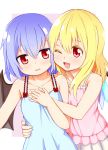  2girls bat_wings blonde_hair blue_hair fang flandre_scarlet hair_down hand_on_another&#039;s_chest hand_on_another&#039;s_hip hand_on_own_chest holding_hands multiple_girls murakami4949 no_hat one_eye_closed open_mouth red_eyes remilia_scarlet short_hair siblings sisters touhou wings wink 
