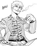  1boy akagi akagi_shigeru artist_request belt board_game character_name cigarette english looking_at_viewer mahjong mahjong_tile male monochrome short_hair simple_background sitting sketch smile solo source_request white_background 