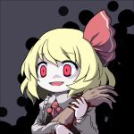  1girl :d aratami_isse arm blonde_hair blood blood_on_fingers blood_stain bloody_clothes bloody_hands blouse darkness evil_smile fang hair_ribbon open_mouth red_eyes ribbon rumia short_hair smile touhou vest 