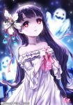  1girl bare_shoulders black_hair character_request copyright_name crying crying_with_eyes_open dress esphy flower ghost hair_flower hair_ornament long_hair long_sleeves mystic_blood red_eyes solo tears white_dress 