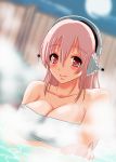  1girl bath blush breasts cleavage headphones ichi/mine large_breasts long_hair looking_at_viewer moon nitroplus onsen pink_eyes pink_hair smile solo super_sonico towel 