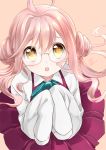  1girl :o ahoge blush glasses kantai_collection long_hair makigumo_(kantai_collection) mirakuruone open_mouth personification pink_hair ribbon school_uniform shirt skirt sleeves_past_wrists smile solo twintails yellow_eyes 