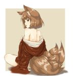  1girl :o animal_ears back bare_shoulders brown_hair fox_ears fox_tail from_behind looking_at_viewer looking_back multiple_tails original red_eyes short_hair shuukichi_(ihuku) sitting tail undressing 