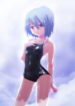  1girl absurdres arena_(company) blue_hair competition_school_swimsuit hand_on_own_chest highres one-piece_swimsuit original red_eyes short_hair solo swimsuit tennouji_masamichi wet 