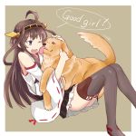  1girl ;d bare_shoulders blue_eyes brown_hair coco3186 dog english hairband kantai_collection kongou_(kantai_collection) licking nontraditional_miko one_eye_closed open_mouth ribbon-trimmed_sleeves ribbon_trim skirt smile thighhighs tongue tongue_out wink 