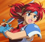  1girl 90s action armor blue_eyes breastplate bust fingerless_gloves gloves headband long_hair mail_(popful_mail) open_mouth pointy_ears popful_mail redhead solo spaulders sword teeth teritama weapon 