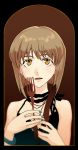  1girl bob_cut brown_hair dress expressionless fork hagiwara_yukiho idolmaster juu_(juuzi) looking_up nail_polish open_mouth short_hair solo 