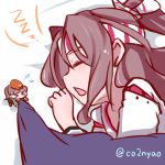  &gt;_&lt; 2girls blanket brown_hair bust coco3186 fairy_(kantai_collection) flying_sweatdrops hachimaki headband kantai_collection long_hair lowres minigirl multiple_girls open_mouth sleeping twitter_username zuihou_(kantai_collection) 