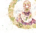  1girl apron blue_eyes bow braid clover clover_(flower) four-leaf_clover hair_bow highres izayoi_sakuya maid_apron maid_headdress shiratsuyu silver_hair solo touhou twin_braids wreath 