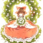  1girl 3000_xiao_chun absurdres backlighting bouquet bow brown_hair closed_eyes detached_sleeves dress flower frilled_skirt frills hair_bow hair_bun hair_tubes hakurei_reimu highres long_sleeves red_dress ribbon-trimmed_sleeves ribbon_trim rose skirt smile solo touhou white_background white_rose wide_sleeves wreath 