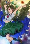  1girl album_cover ama-tou arm_cannon arms_up bird_wings black_hair black_wings cover energy_ball hair_bun looking_at_viewer midriff navel open_mouth puffy_sleeves red_eyes reiuji_utsuho shirt short_sleeves skirt smile solo third_eye touhou weapon wings 