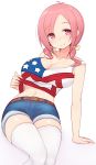  1girl amatsuka_megumi_(gj-bu) american_flag arm_support blush bow breasts cleavage gj-bu hair_bow highres large_breasts looking_at_viewer midriff navel nekoume pink_eyes pink_hair short_hair simple_background smile thighhighs white_background white_legwear 
