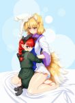  2girls animal_ears barefoot blonde_hair blush bow breasts cat_ears cat_tail extra_ears fox_ears fox_tail hair_bow hat hug kaenbyou_rin large_breasts long_hair looking_at_viewer mizuga multiple_girls multiple_tails pointy_ears red_eyes redhead revision short_hair smile tail touhou upright_straddle yakumo_ran yellow_eyes yuri 