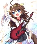  &gt;:d 1girl :d ahoge ayakashi_(monkeypanch) blue_eyes brown_hair detached_sleeves double_bun fang guitar hairband hands_up highres instrument kantai_collection kongou_(kantai_collection) long_hair nontraditional_miko open_mouth plectrum rough smile solo tagme 