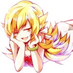  1girl bakemonogatari blonde_hair blush_stickers fang long_hair monogatari_(series) nisemonogatari oshino_shinobu pointy_ears solo suna_ko1 yellow_eyes 