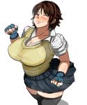  1girl ;) black_legwear blush breasts brown_eyes brown_hair clenched_hands elizabeth_(ren0522) fingerless_gloves gloves highres huge_breasts kazama_asuka one_eye_closed plump school_uniform short_hair solo sweater_vest tekken thighhighs wink zettai_ryouiki 