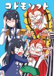  black_hair blush bowtie cheek_pinching child dress dual_persona fighting glasses hair_pull junketsu kill_la_kill kiryuuin_satsuki mzna orange_hair pinching suspenders takarada_kaneo time_paradox younger 