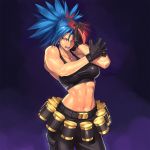  1girl big_hair blue_hair breasts highres king_of_fighters king_of_fighters_xiii leona_heidern looking_at_viewer muscle navel ogami red_eyes saliva solo tank_top toned 