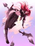  1girl belt black_pants breasts cleavage dagger flower gloves highres holding_weapon jacket katarina_du_couteau league_of_legends liuruoyu8888 long_hair looking_at_viewer midriff navel red_eyes redhead scar smile solo weapon 