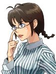  1girl :p akizuki_ritsuko braid bust glasses idolmaster juu_(juuzi) long_hair looking_away pajamas solo tongue twin_braids 