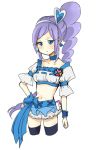  1girl aono_miki blue_eyes blue_skirt blush choker cure_berry drill_hair earrings eyelashes fresh_precure! frilled_skirt frills hair_ornament hairband high_heels jewelry long_hair looking_at_viewer magical_girl midriff navel open_mouth ponytail pout precure purple_hair ribbon shijima_(agkm) shirt side_ponytail simple_background sketch skirt solo standing thighhighs thighs white_background wrist_cuffs 