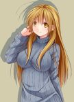  1girl ahoge bad_id blonde_hair blush breasts creek_(moon-sky) large_breasts long_hair looking_at_viewer original ribbed_sweater smile solo sweater turtleneck turtleneck_sweater yellow_eyes 