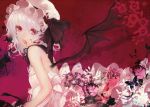  apt bare_shoulders bat_wings blood dress eyelashes fangs flower hat lavender_hair looking_at_viewer open_mouth red_eyes remilia_scarlet short_hair slit_pupils solo touhou wings 