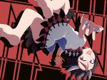  1girl bangle barefoot black_hair bow bracelet bwell directional_arrow dress fang horns jewelry kijin_seija looking_at_viewer multicolored_hair open_mouth red_background red_eyes redhead short_hair short_sleeves smile solo streaked_hair tongue tongue_out touhou upside-down white_hair 
