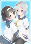  2girls back black_hair black_legwear blue_eyes breasts brown_eyes gloves hair_ornament hair_over_one_eye hairband hairclip hamakaze_(kantai_collection) kantai_collection looking_back multiple_girls pantyhose personification pleated_skirt school_uniform serafuku shiina_2265 shirt short_hair silver_hair skirt solo tanikaze_(kantai_collection) white_gloves 