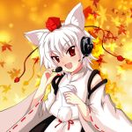  1girl animal_ears autumn_leaves bare_shoulders detached_sleeves fang hat headset holding inubashiri_momiji leaf looking_at_viewer paper pom_pom_(clothes) poporomura red_eyes short_hair silver_hair smile solo tokin_hat touhou 