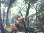  1girl animal_ears bare_arms barefoot breasts forest glowing glowing_eyes highres inubashiri_momiji nature planted_sword planted_weapon red_eyes shirt sideboob silver_hair skirt sleeveless sleeveless_shirt solo squatting sword tail temmasa22 touhou weapon wolf_ears wolf_tail 
