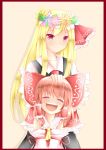  2girls :d ^_^ ^o^ blonde_hair blouse bow brown_hair closed_eyes detached_sleeves flower_wreath hair_bow hair_ribbon hair_tubes hakurei_reimu hand_on_head head_wreath multiple_girls older open_mouth red_eyes ribbon rumia smile touhou vest wreath younger 