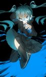  1girl black_background blue_eyes blue_hair bodypaint ene_(kagerou_project) highres hoodie kagerou_project kuro_kurona paint_splatter painted_clothes skirt solo spray_can spray_paint twintails 