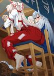  2girls ass barefoot blush boots bow chair commentary_request cup drunk feet footwear_removed fujiwara_no_mokou highres iromeki_overdrive kamishirasawa_keine long_hair multiple_girls open_mouth pants red_eyes silver_hair sitting suspenders touhou 