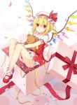  1girl 6u_(eternal_land) blonde_hair blush bobby_socks box flandre_scarlet gift gift_box hat looking_at_viewer mary_janes petals red_eyes ribbon shoes short_hair side_ponytail skirt socks solo stuffed_animal stuffed_toy teddy_bear touhou white_legwear wings 