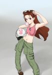  1girl adjusting_sunglasses bodysuit brown_eyes brown_hair casual dog_tags helmet idolmaster long_hair looking_at_viewer midriff minase_iori navel pilot_suit solo sports_bra sunglasses sunglasses_on_head tied_shirt wata_do_chinkuru 