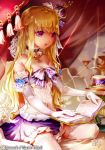  1girl blonde_hair book breasts character_request cleavage copyright_name crown cup elbow_gloves esphy flower frilled_skirt frills gloves long_hair mystic_blood purple_skirt sitting skirt solo strapless thigh-highs violet_eyes white_gloves white_legwear 