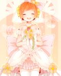  1girl bare_shoulders blush choker closed_eyes dress earrings facing_viewer flower frilled_dress frills hair_flower hair_ornament hands_together holding holding_flower hoshizora_rin jewelry kumahara love_live!_school_idol_project microphone open_mouth orange_hair short_hair short_sleeves smile solo star thighhighs veil wedding_dress white_clothes white_dress white_legwear 