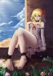  1girl alice_margatroid ankle_ribbon barefoot blonde_hair blue_eyes breasts choker elbow_gloves gloves hair_ribbon highres lips outdoors ribbon short_hair sky solo touhou wenhe 