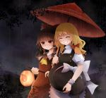  2girls arano_oki blonde_hair blush bow brown_hair embarrassed hair_bow hair_tubes hakurei_reimu kirisame_marisa lantern multiple_girls rain red_eyes shared_umbrella smile touhou umbrella yuri 